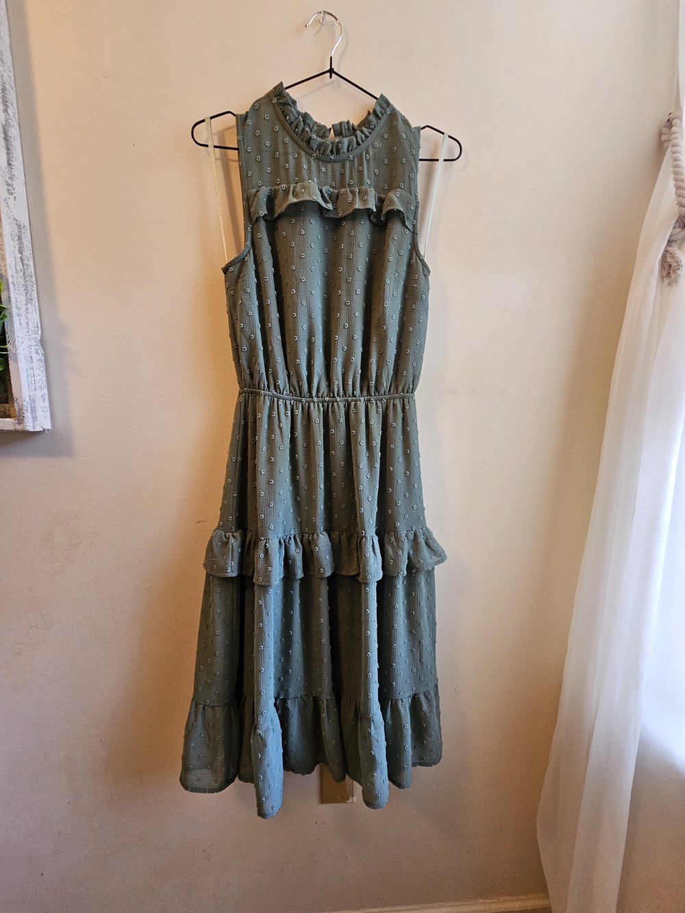 Monteau Olive Green Ruffle Tiered Casual Dress